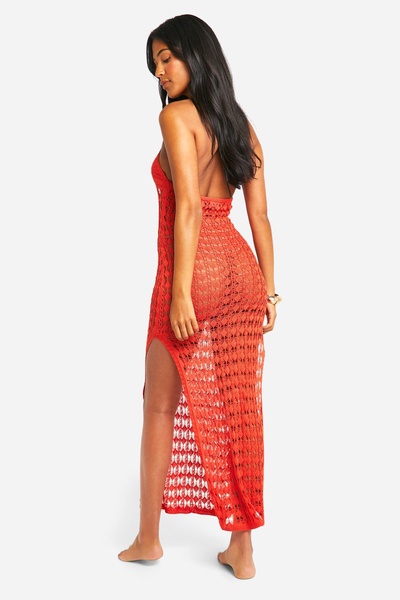 Tall Crochet Knitted Halter Beach Midi Dress