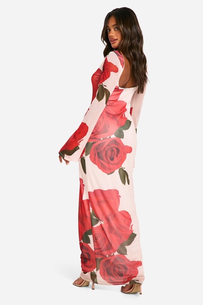 Boat Neck Rose Mesh Print Flare Sleeve Maxi Dress