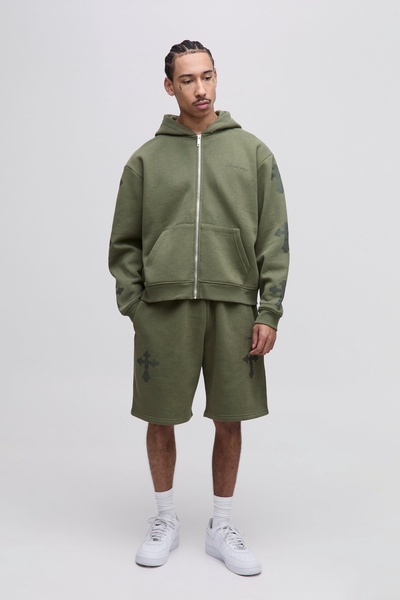 Oversized Boxy Limited Edition Cross Print Hooded Short Tracksuit