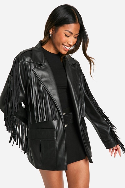 Fringe Detail Faux Leather Belted Jacket