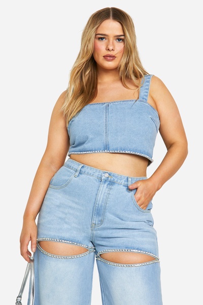 Plus Diamante Trim Denim Top