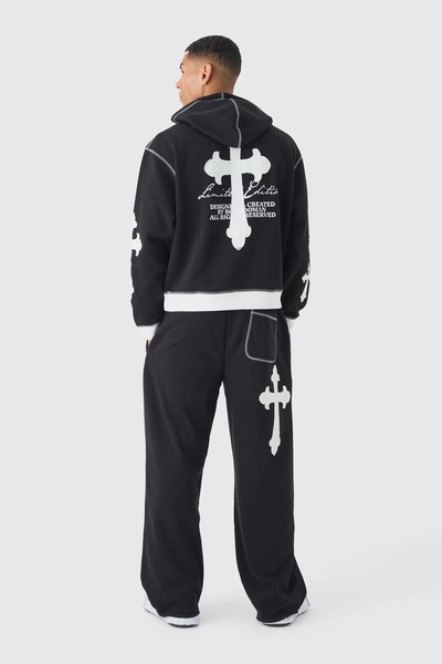 Oversized Boxy Limited Edition Cross Applique Hoodie and Sweatpants Tracksuit