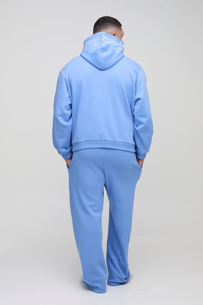 Plus Oversized Boxy Twill Applique Contrast Stitch Hooded Tracksuit