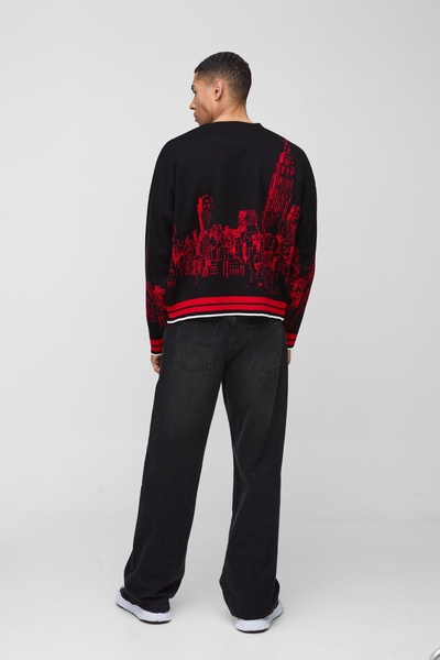 Boxy City Jacquard Graphic Brushed Knitted Sweater