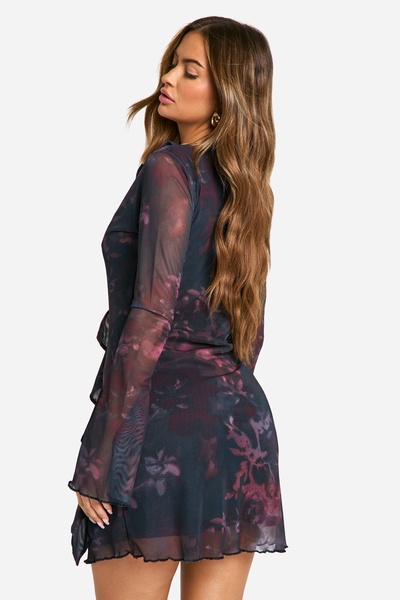 Blur Floral Mesh Flare Sleeve Mini Dress