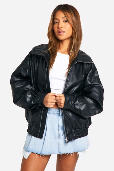 Petite Pu Seam Detail Oversized Bomber Jacket 