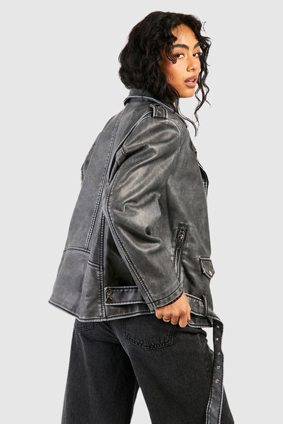Oversized Washed Faux Leather Moto Jacket