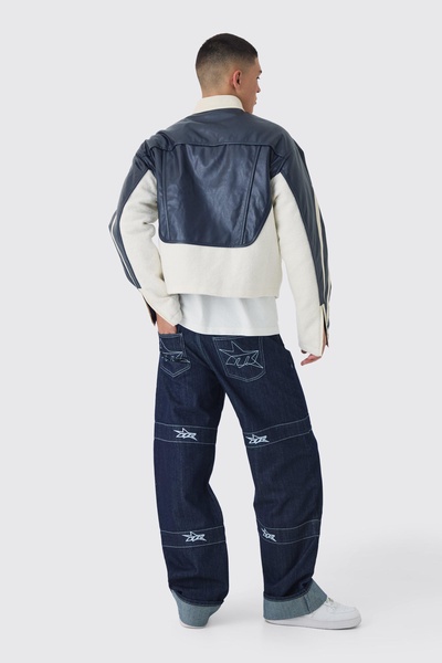 Relaxed Rigid Indigo Contrast Embroidered Strap Cuffed Jeans