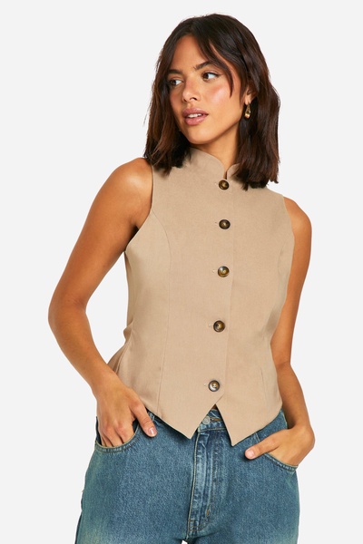 Super Stretch Mock Horn Button Fitted High Neck Vest