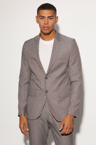 Slim Single Breasted Checkerboard Suit Jacket