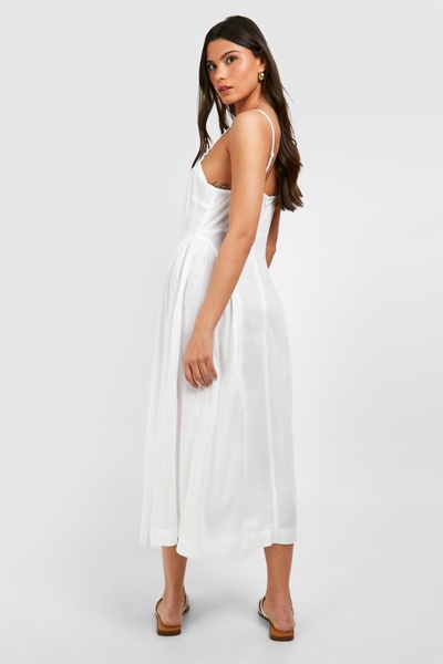 Linen Tie Front Milkmaid Midi Dress