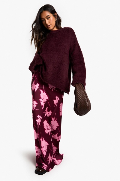 Blured Floral Print Satin MaxiI Skirt