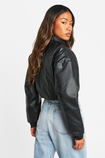 Faux Leather Cropped Collar Detail Jacket
