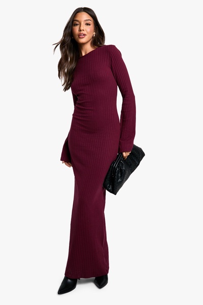 Wide Rib Tie Back Flare Sleeve Maxi Dress