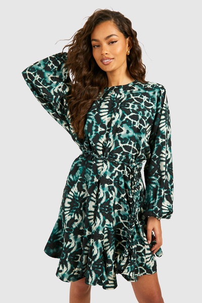 Blue Blur Print Godet Mini Dress