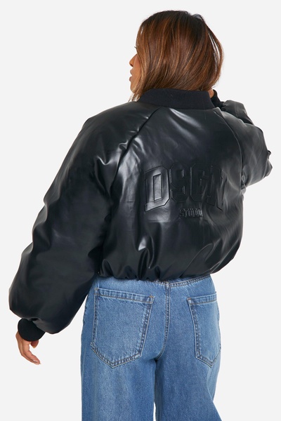 Petite Embossed Faux Leather Oversized Bomber Jacket 