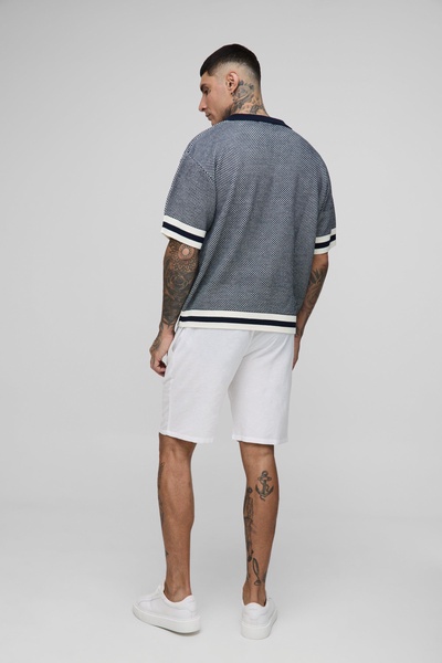 Tall Contrast Edge Open Knit Boxy Oversized Polo Shirt