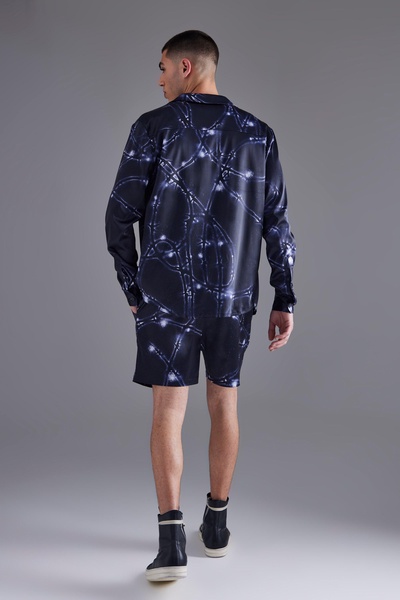 Long Sleeve Revere Barbwire Satin Short Set