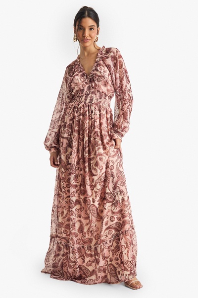 Paisley Print Long Sleeve Maxi Dress