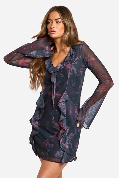Blur Floral Mesh Flare Sleeve Mini Dress