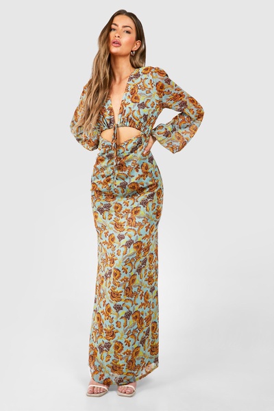 Floral Ruched Cut Out Maxi Dress