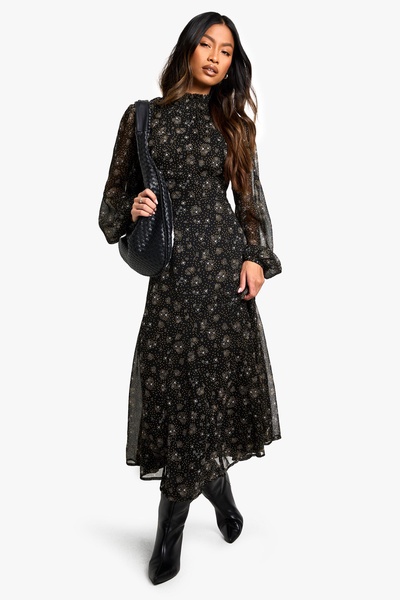 Ditsy Floral Chiffon High Neck Midaxi Dress