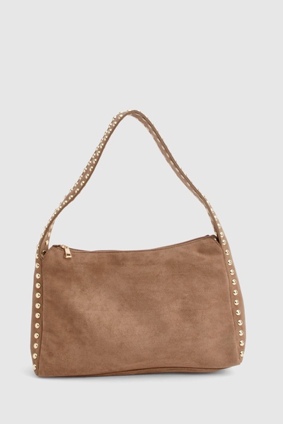 Faux Suede Studded Handle Slouchy Shoulder Bag