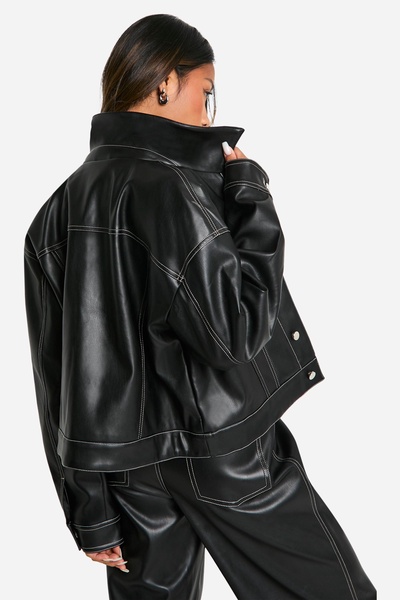 Contrast Stitch Detail Faux Leather Jacket
