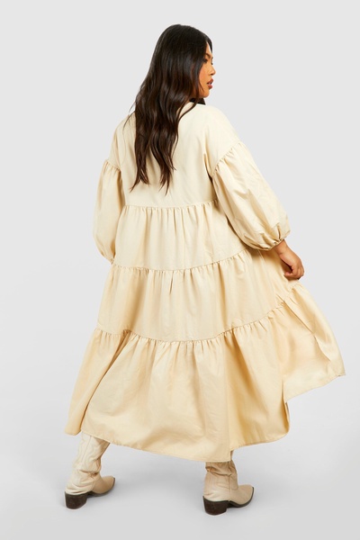 Plus Poplin V Neck Tiered Midi Smock Dress