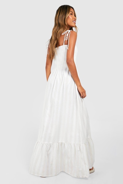 Linen Look Shirred Stripe Bandeau Maxi Dress