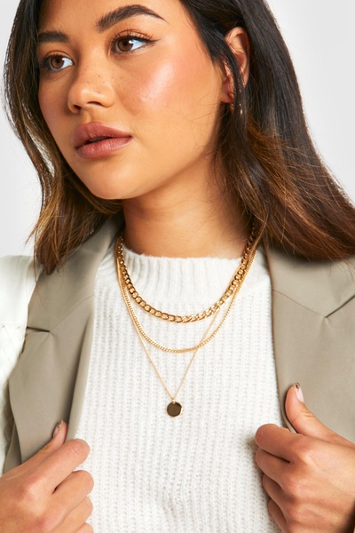 Polished Disc Drop Charm Multilayer Necklace