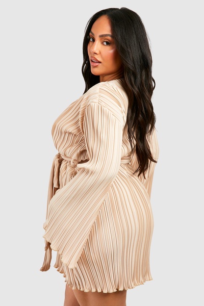 Plus Wide Plisse Flared Sleeve Skater Dress
