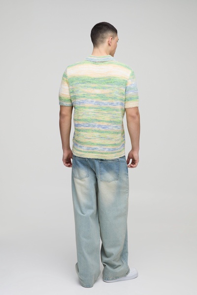 Boxy Brushed Striped V Neck Short Sleeve Knitted Polo
