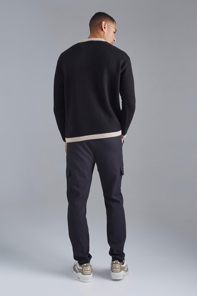 Long Sleeved Oversized Contrast Collar Knitted Polo