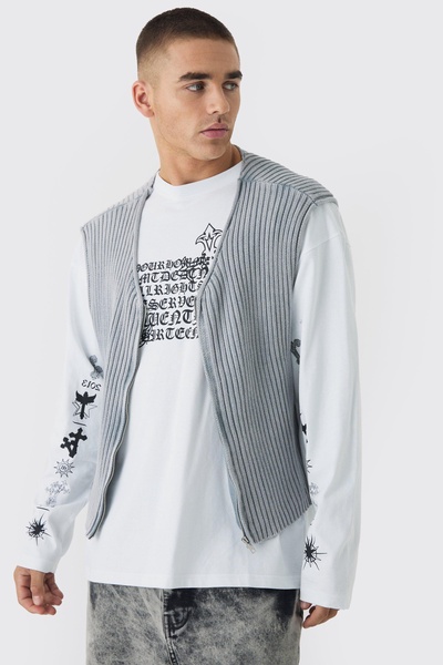 Boxy Acid Wash Ribbed Knit Vest In Grey