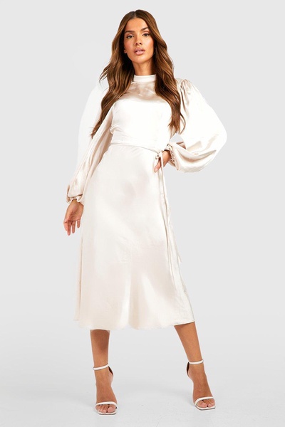 Satin High Neck Balloon Sleeve Midi Dress