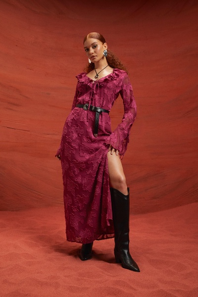 Textured  Flare Sleeve Maxi Dress 