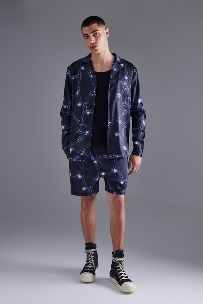 Long Sleeve Revere Barbwire Satin Short Set