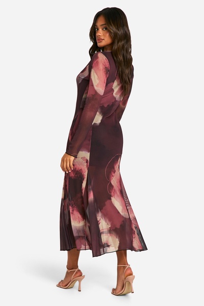 Boat Neck Floral Mesh Print Godet Hem Midi Dress