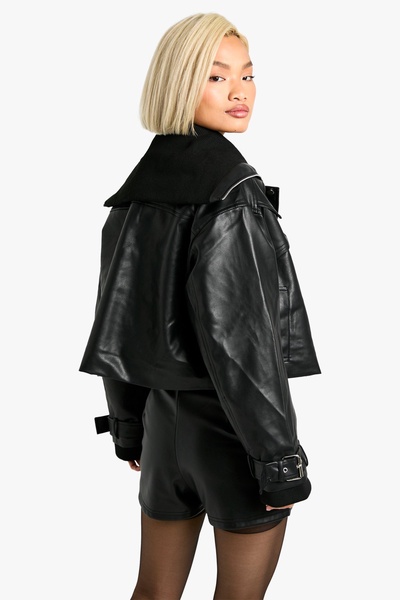 Rib Detail Faux Leather Bomber Jacket
