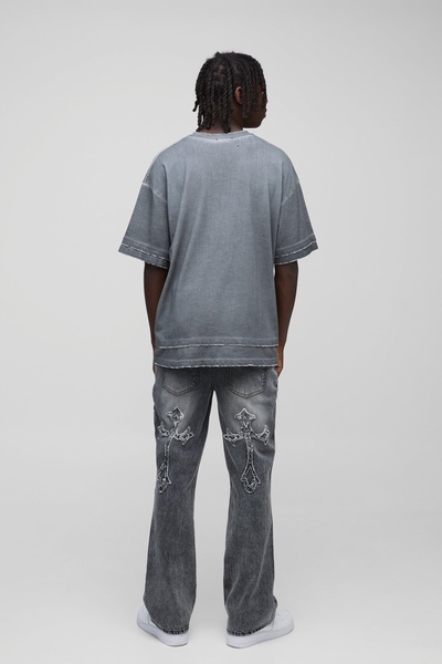 Slim Flared Acid Wash Cross Applique Gusset Jeans