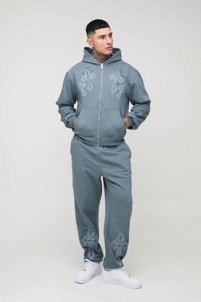 Tall Oversized Boxy Cross Embroidered Zip Through Hooded Tracksuit