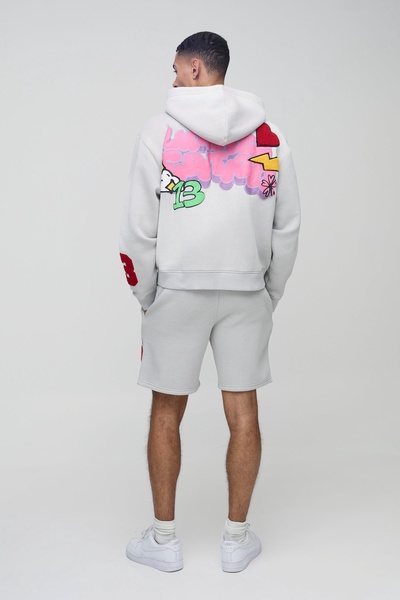 Oversized Zip Through Puff Print Zip Through Hooded Short Tracksuit