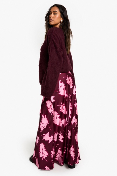 Blured Floral Print Satin MaxiI Skirt