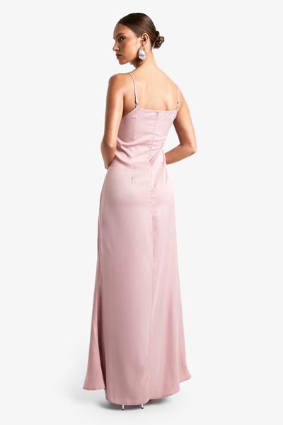 Feather Trim Satin Maxi Slip Dress