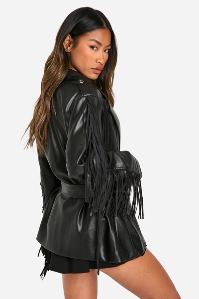 Fringe Detail Faux Leather Belted Jacket