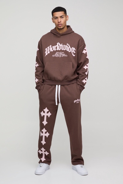 Oversized Boxy Cross Applique Hooded Tracksuit