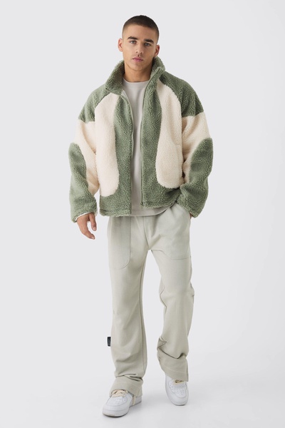 Colour Block Borg Jacket In Sage
