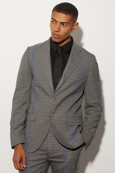 Slim Fit Plaid Contrast Stitch Suit Jacket