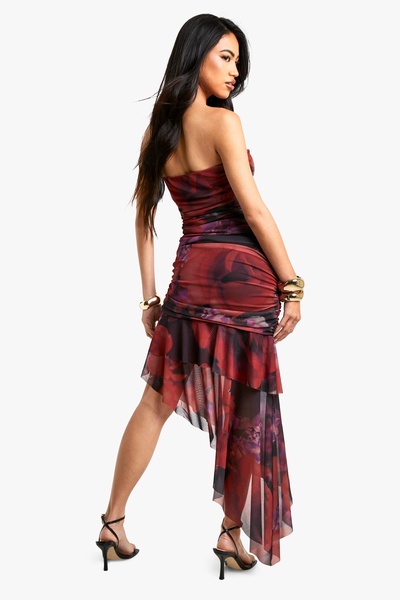 Bandeau Floral Mesh Ruffle Hem Mini Dress